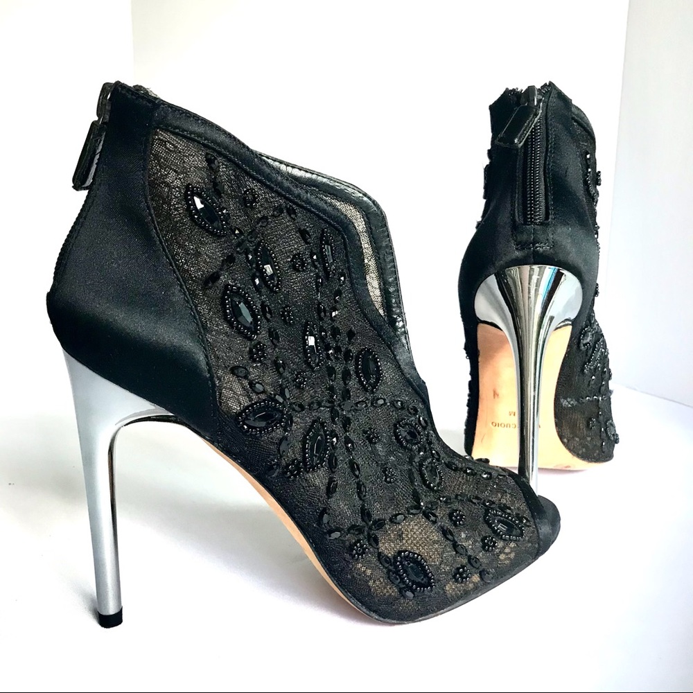 BCBGMAXAZRIA BLACK SILVER STILETTO FANCY PARTY LACY BEJEWELED BOOTIES/SHOES! 8M